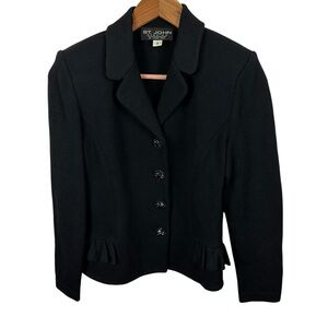 St. John Marie Black Button Blazer Coat Size 2 Long Sleeve Shoulder Pads Stretch